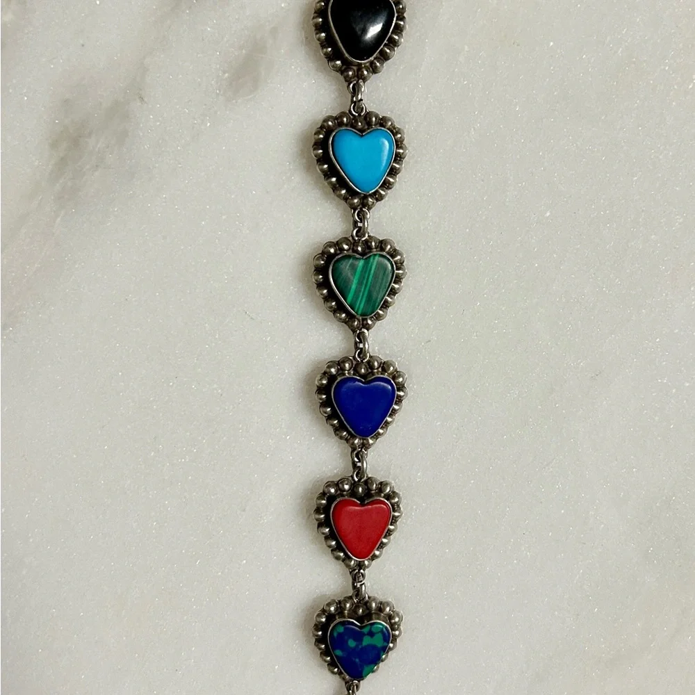 Vintage ~ Multi-Colors Gemstones Heart Shaped ~ .925 Sterling Silver Bracelet - Picture 5 of 15